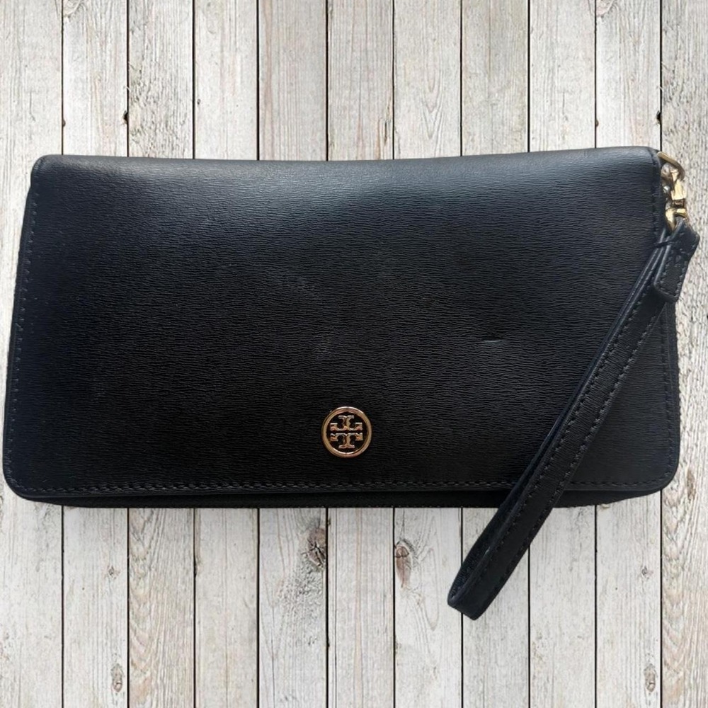 Tory Burch black leather zip-around continental wallet with gold hardware